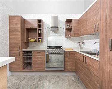 Custom L Shaped Warm Durable Wood Grain Laminate Kitchen Cabinet