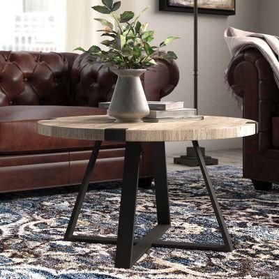 Wood &amp; Metal Frame Gray Wash Modern Round Metal Wrap Coffee Accent Table Living Room