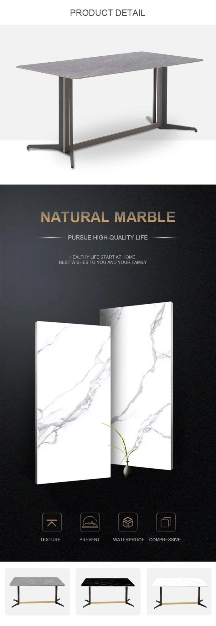 Home Modern Furniture Steel Frame Rectangle Marble Hotel Dining Table