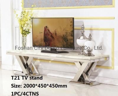 Dopro Modern Design Classic LV Shape Stainless Steel Polished Shiny TV Stand T21, with Art Marble Table Top