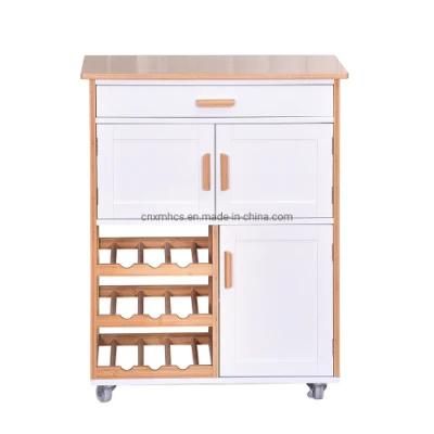 Bamboo Wooden Rolling Trolley Modern Kitchen Islands Cart Kitchen Cabinet with Wine Rack &amp; Wheels Wood Products Household Storage Rack