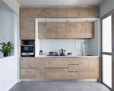 Modern I Shape Heat Resistant Integrated Wood Grain Laminate Kitchen Cabinet