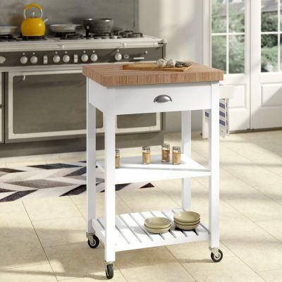Home Use Rubber Wood Top White Painting Rolling Microwave Kitchen Island Food Cart