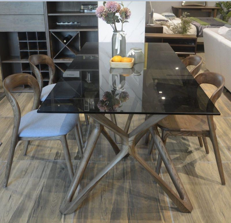 Nordic Solid Wood Base Home Furniture Glass Dining Table Made by Guangdong Factory