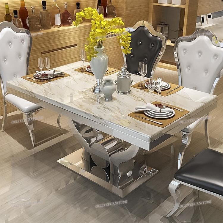 Home Furniture Cream Marble Top Dining Table with Chairs Sets