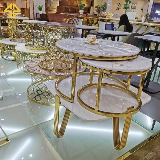 Luxury Round Coffee Table Sets Living Room Stainless Steel Furniture Marble Glass Side Table