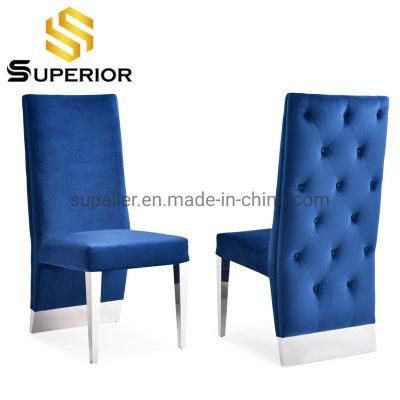 Blue Velvet High Back Silver Frame Dining Chair for Home