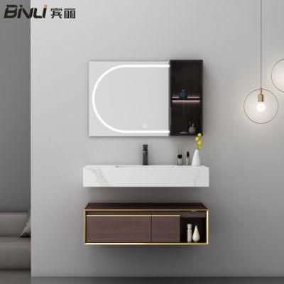Modern Plywood Melamine Furniture Bathroom Vanity Cabinet Furniture with Sink Stone Countertop LED Light Mirror