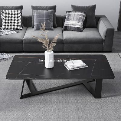 Custom Cheap Industrial Furniture Stone Coffee Table with Black Metal Legs