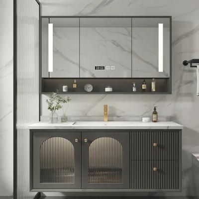 Exquisite Exterior Design White Wall Mounted Design Bathroom Vanity Cabinet with Rock Plate Basin