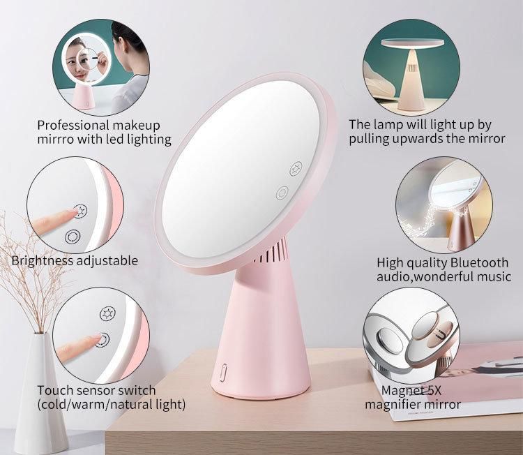 New Items Table Lamp Bluetooth Speaker Round Mirror with Touch Sensor for Makeup