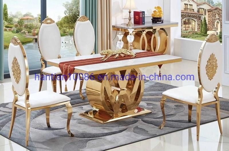 Stainless Steel Table with Chairs Set Hotel Table with Marble PU Leather Chair