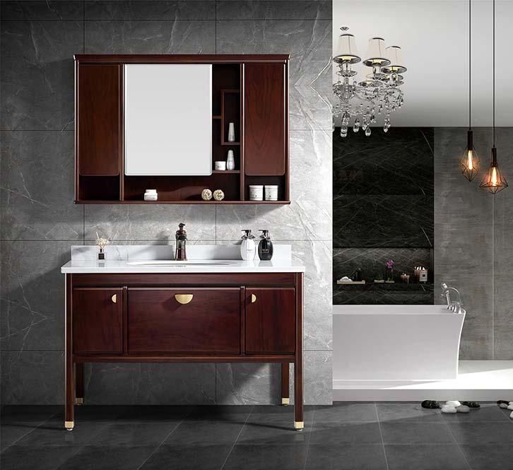 High-Grade Solid Wood Walnut Color Bathroom Vanity with Marble Top and Mirror Cabinet