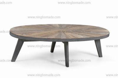 Industrial Antique Metal Cross Flower Top Natural Reclaimed Elm and Grey Iron Round Coffee Table