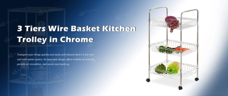 Hotel Kitchen 3 Tiers Wire Basket Serving Trolley Wire Chrome Cart