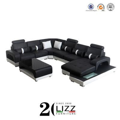 Modern Nordic Furniture Living Room Corner Genuine Leather Sofa with LED