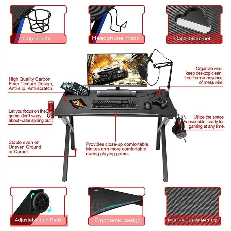New Gaming Desk PC Computer Desk Home Office Desk Workstation with Carbon Fiber Gaming Table with Headphone Hook Cup Holder