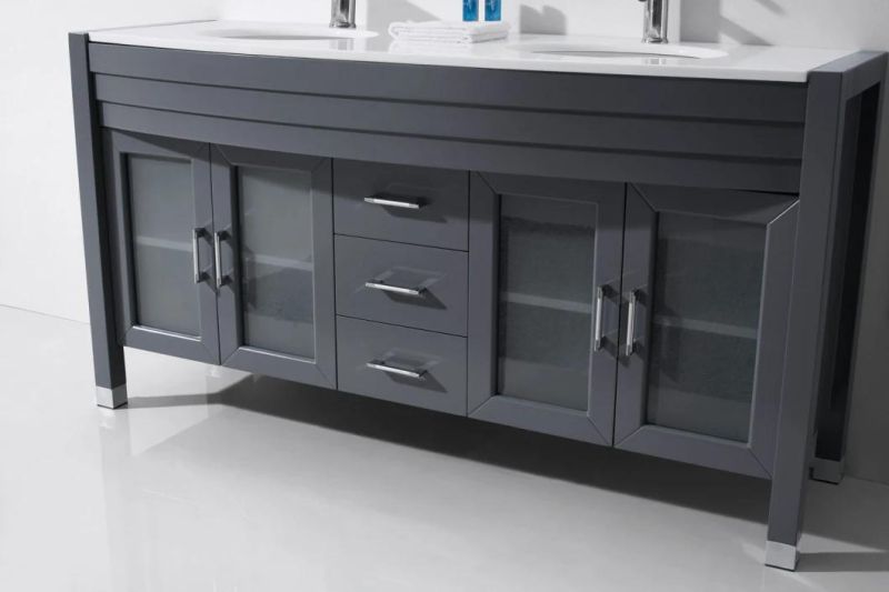 New Grey Double Sink Floor Type Solid Wood Bathroom Cabinet