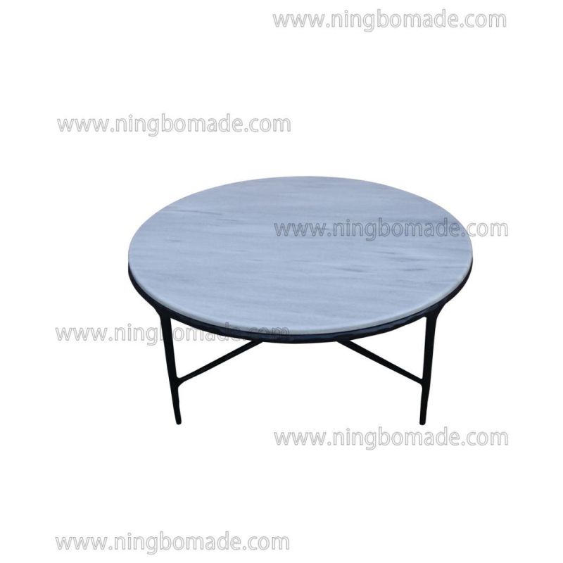 Thaddeus Sculptural Forged Collection White Cloud Marble Top Antique Black Solid Metal Base Round Coffee Table