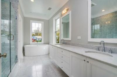 Large Transitional Master Bathroom Recessed-Panel Undermount Sink Vanity Cabinets