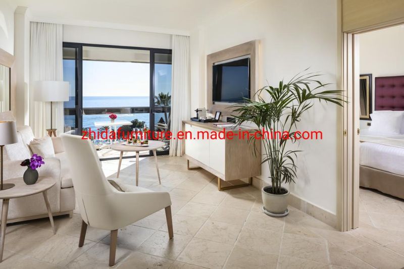 Luxury 5 Star Standard Seaside Hotel Apartment Living Room Villa Bedroom Furniture Wooden King Size Bed with Button Design Headboard for Project