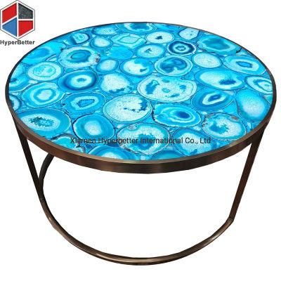 Round Blue Agate Coffee Tables Top with Brass Leg