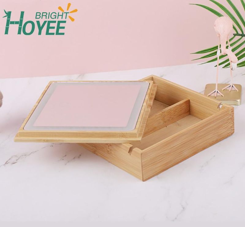 2 in 1 Bamboo Lighted Makeup Mirror with Lights and Storage Desk Mirror Touch Screen