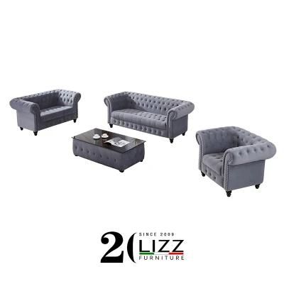 UK Popular Home Furniture Tufted Velvet Fabric Classical Chesterfield Sofa Set