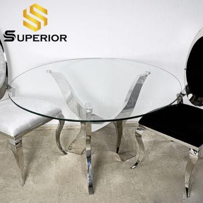 2020 New Designer Round Glass Dining Table with Metal Base