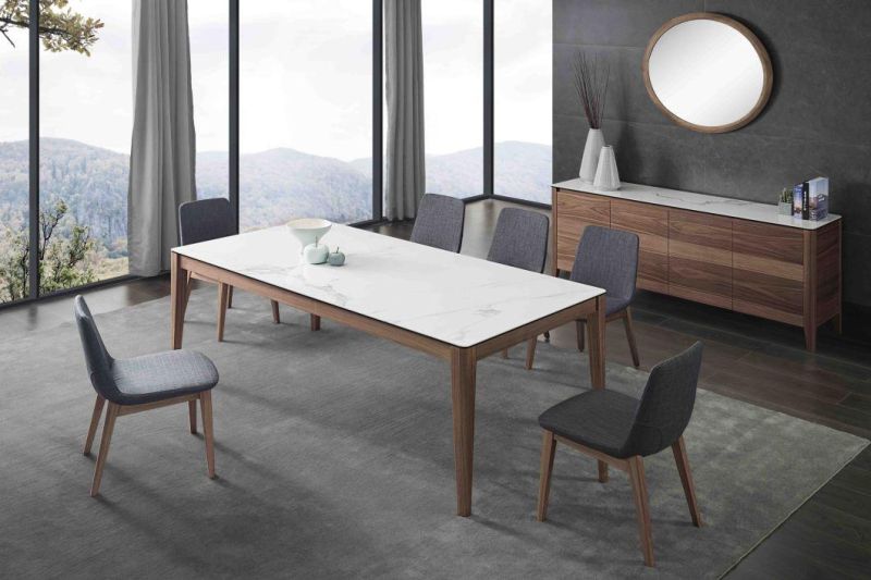 Hot Sell Dining Table with Walnut Veneer and Ceramic Top Solid Wood Legs Dt917