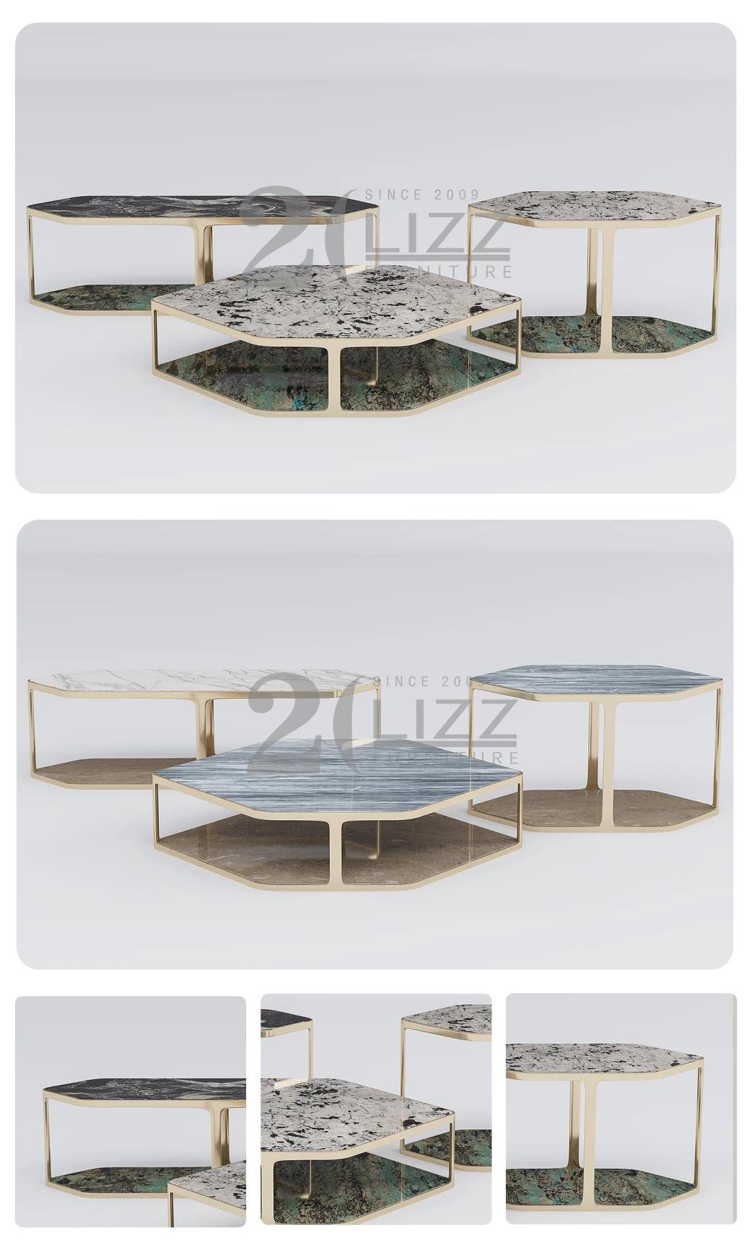 Unique Hexagon Living Room Coffee Table Modern Nordic Marble Top Tea Side Table with Metal Leg