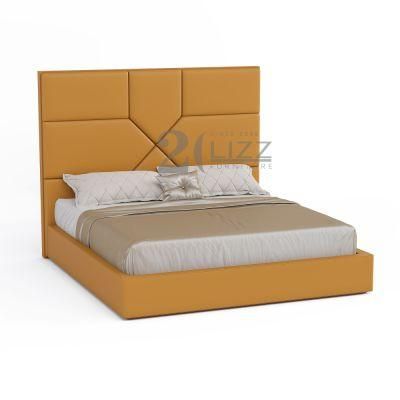 Foshan Factory Wholesale Modern Style Hotel Home Furniture European Bedroom Genuine Leather Double Bed with High Headboard