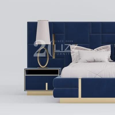 Contemporary Luxury Hotel Home Furniture Set Gold Metal Leg Italian Bedroom Bed Set with Night Stand