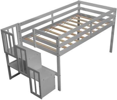 Modern Folding Pine Wooden Loft Bed with Stair Case Storage Children Single Bed