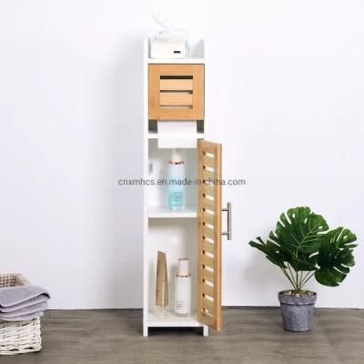 Modern Design Bamboo Wood Paper Toilet Holder Bathroom Storage Cabinet with Storage Shelf, Door