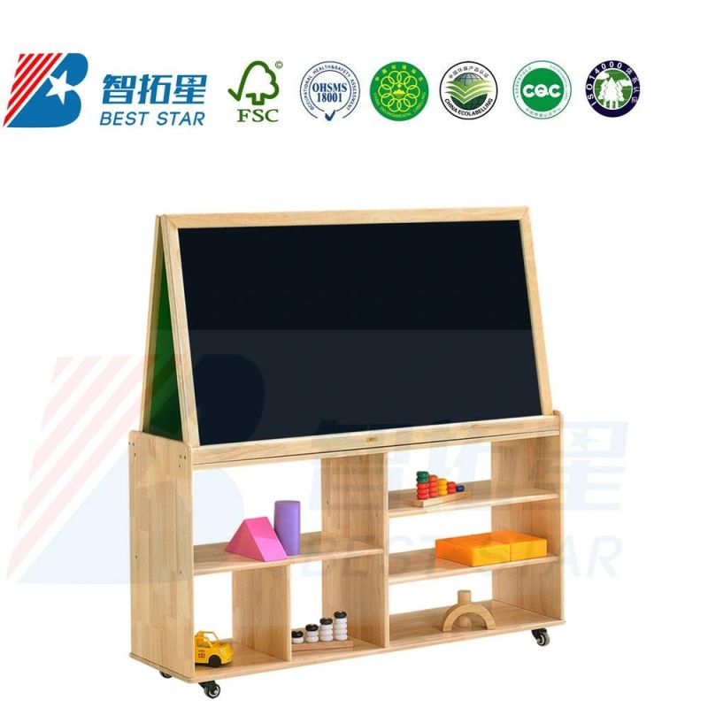 Kindergarten, Preschool Children Use Easel, Day Care Center and Nursery School Easel, Modern Multi-Function Double-Side Movable Wood Easel with Cabinet