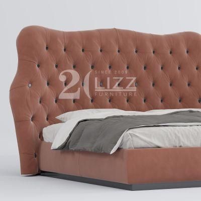 Modern Tufted Button Design Bedroom Set Furniture European Red Velvet Fabric Bed with Super Headboard