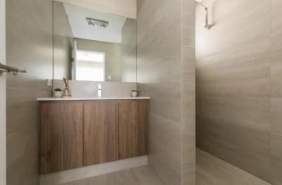 Floor Mounted Modern Melanmine Wood Grain Slab Master Bathroom Furniture Vanity Cabinets