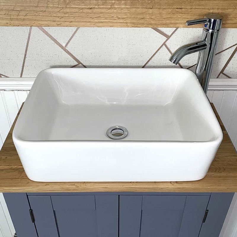 Grey Paint Dressing Oak Floor Type Bathroom Cabinet with Ceramic Sink on The Table