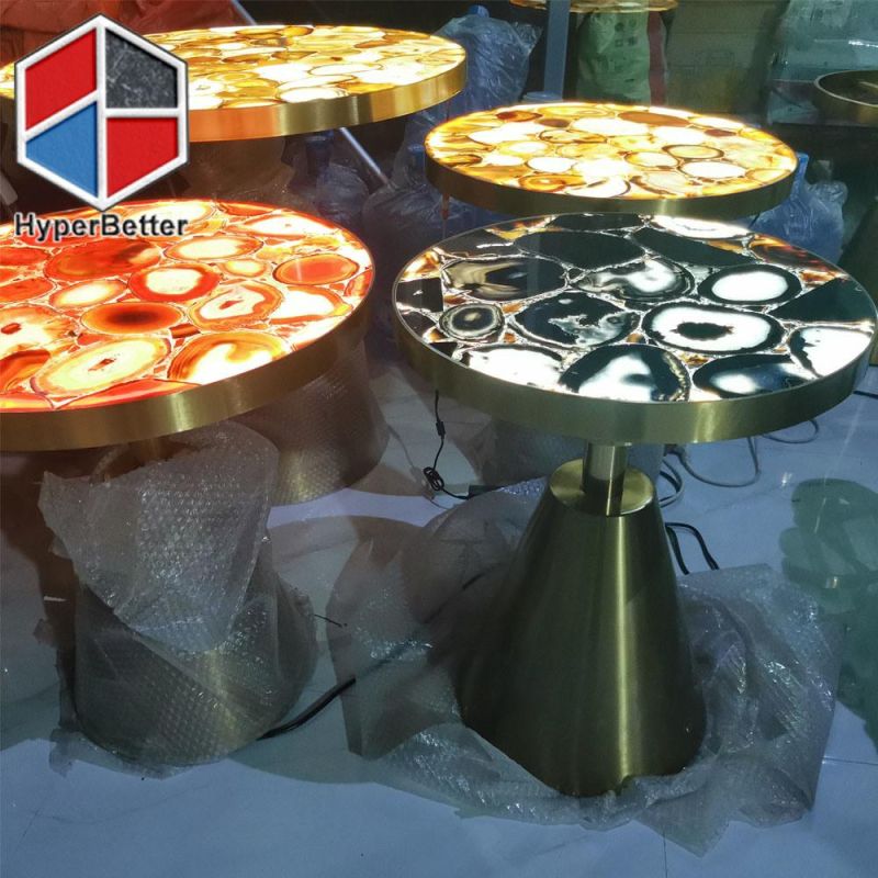 Black Agate Coffee Tables Round with LED Light Inside