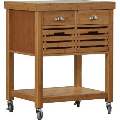 American Home Styles Antique Solid Wood Bamboo 2-Drawer Wood Kitchen Cart with Stainless Steel Top