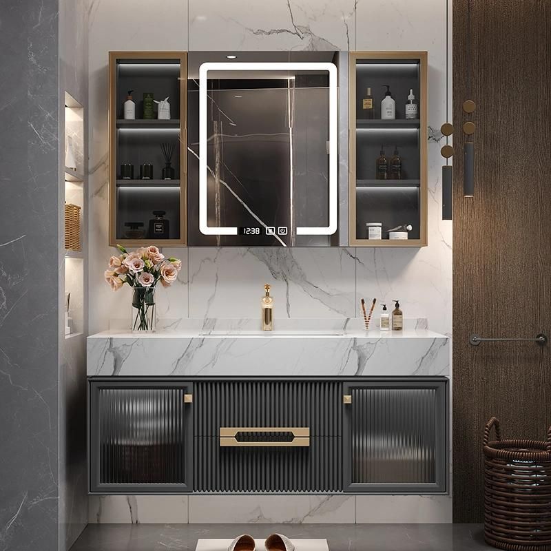 Luxury Bathroom Cabinet Furniture New Design Waterproof Bathroom Vanity Cabinets with LED Mirror with Rock Plate Sink