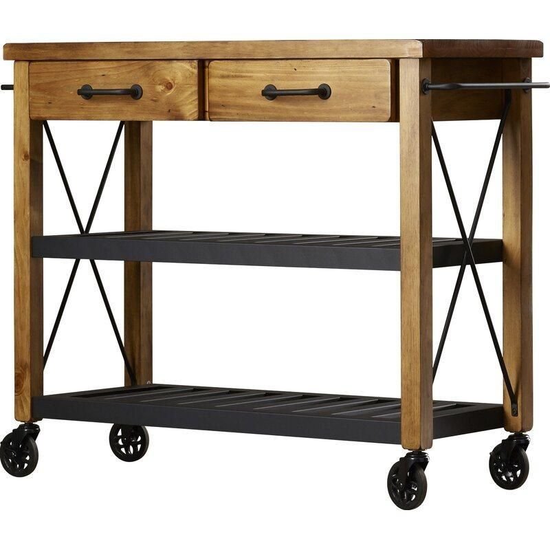 American Home Styles All Solid Wood Rolling Kitchen Cart with 2-Drawer