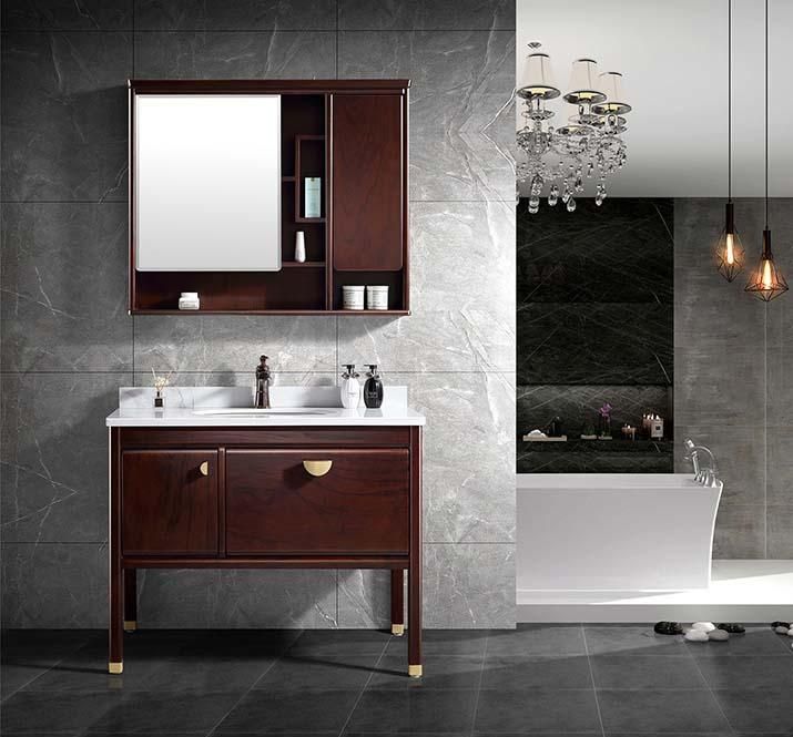 High-Grade Solid Wood Walnut Color Bathroom Vanity with Marble Top and Mirror Cabinet