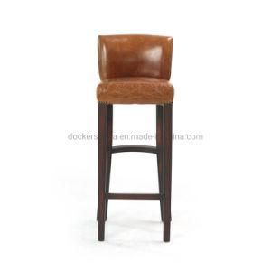 Classic American Style Wooden Base Genuine Leather Barstool