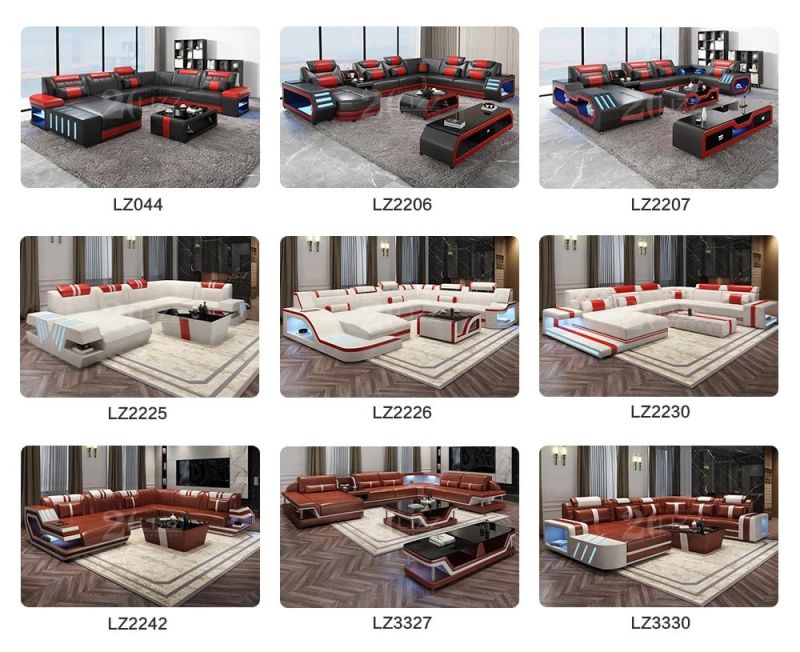 America Hot Sale Modern Home Furniture U Shape Sectional LED Leather Sofa Set for Living Room
