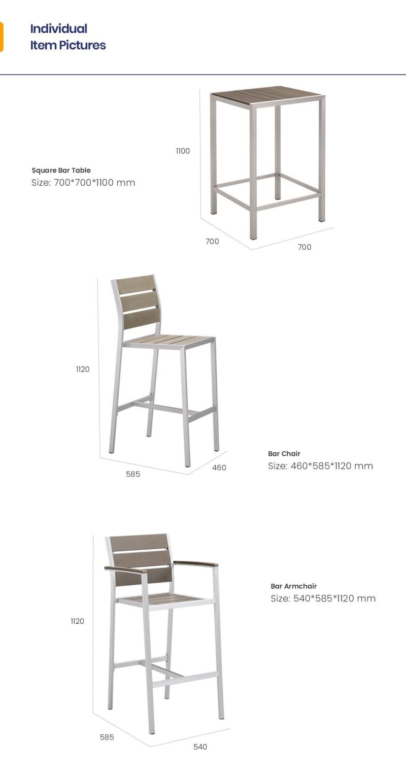 Modern Commercial Brushed Aluminum Outdoor Bar Furniture with Plasic Wood