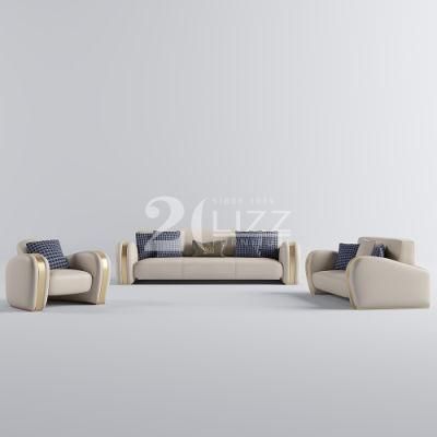 Gold Metal Decor Sectional Wood Living Room Furniture Set Luxury Italian Geniue Leather Couch Sofa