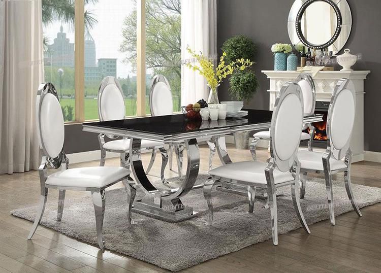Cream Marble Top Dining Table 6 Seater with Steel Base