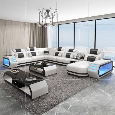 Promotion Event Functional Home Furniture Sectional LED Genuine Leather L Shape Sofa Furniture with Coffee Table